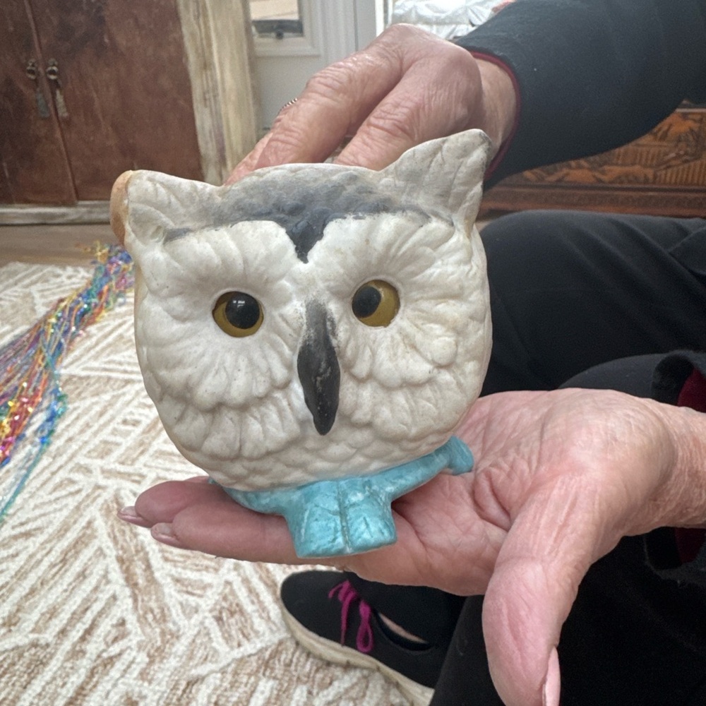 Ceramic Owl Figurine with Blue Scarf